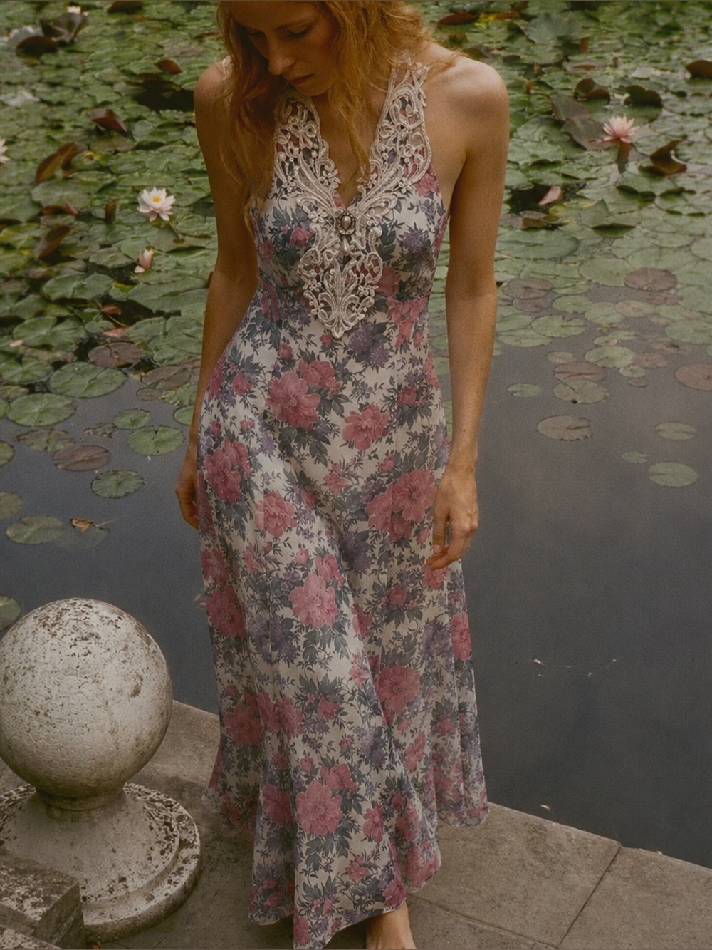 Vintage 90s Scott McClintock Floral Fairycore Halter Maxi Dress Lace, S